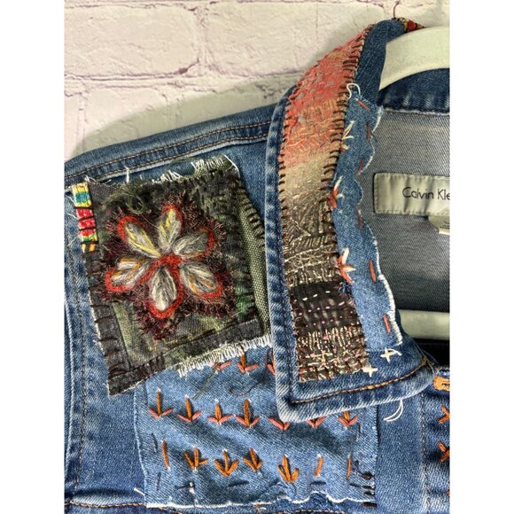 Calvin Klein Altered Hand Embroidered Upcycled Patched Denim Jacket - Picture 8 of 16